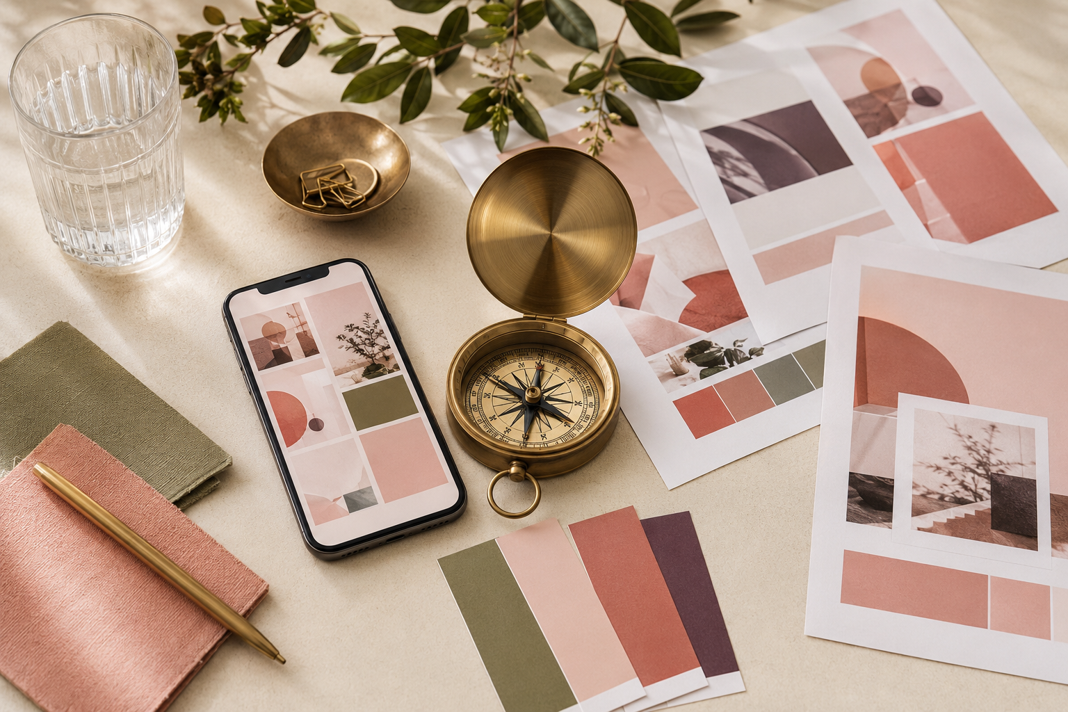 Creative marketing workspace with a brass compass, design layouts, color swatches, and a phone